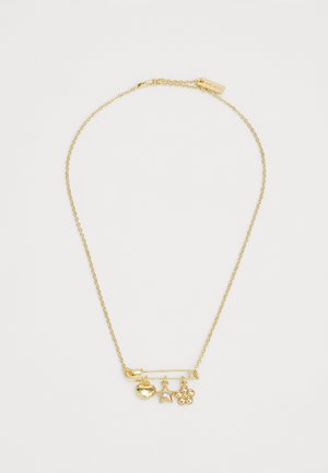 Gold-tone necklace with a chain, featuring a bar with heart, star, and flower charms. Provides a textured finish with a sleek design.