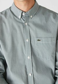 Chemise à boutons à carreaux verts en coton, avec un col classique, des boutons blancs et un petit logo brodé sur la poche poitrine.