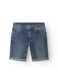 Tumši zili džinsa šorti ar klasisku dizainu, pogas aizdari, piecām kabatām un apvērstām malām ikdienišķam izskatam.