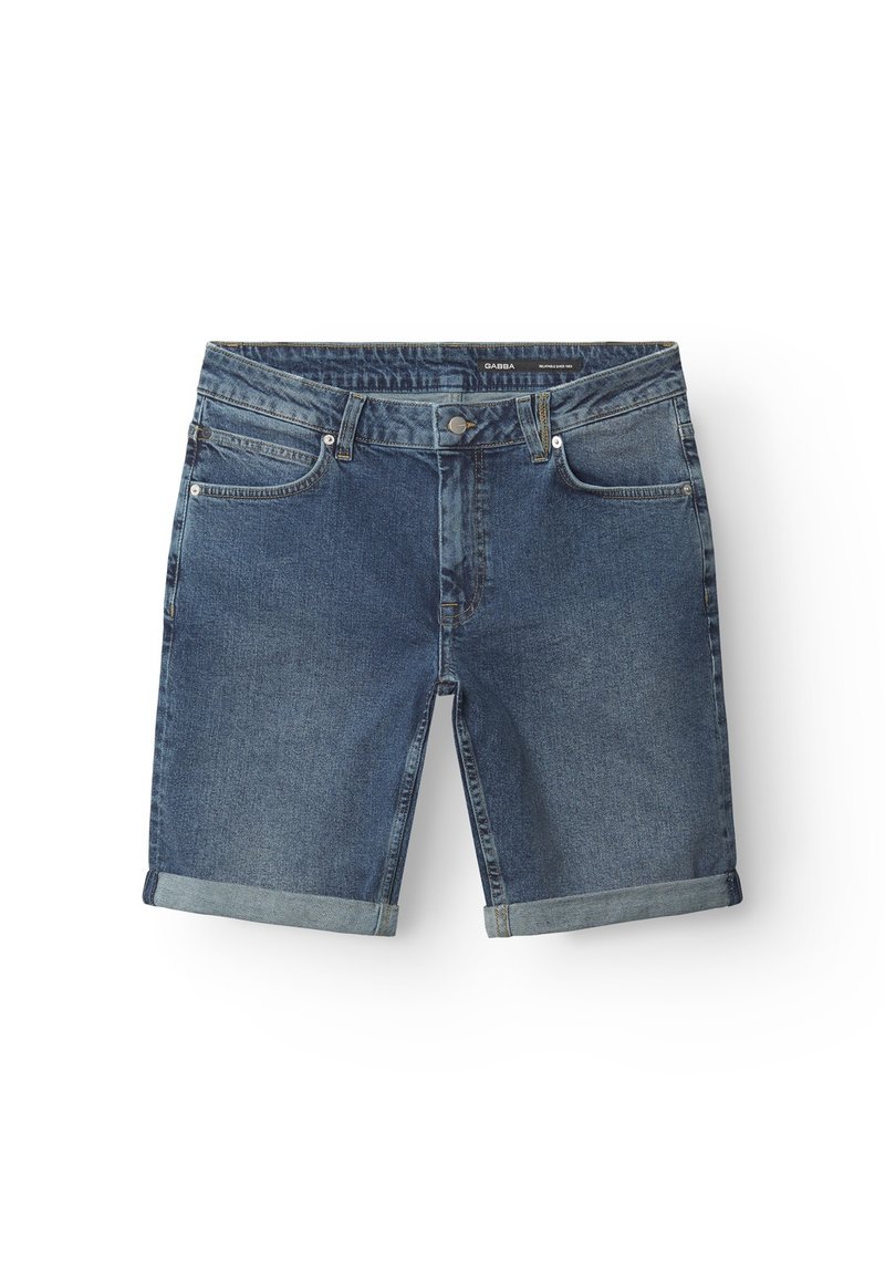 Tumši zili džinsa šorti ar klasisku dizainu, pogas aizdari, piecām kabatām un apvērstām malām ikdienišķam izskatam.