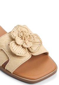 Sandal in tessuto beige con una grande decorazione floreale in paglia sulla striscia. Punta quadrata arrotondata e suola imbottita marrone chiaro.