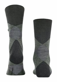Grau gemusterte Socken mit einer Mischung aus dunkel- und hellgrauen Rauten und Ovalen. Hergestellt aus einem weichen, strukturierten Stoff.