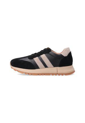 Black and gray athletic shoes with suede and leather material, featuring three beige stripes, a rubber sole, and textured accents.
