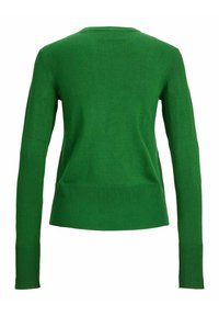 Maglione verde con maniche lunghe, polsini e orlo a coste, scollatura rotonda e una texture liscia. Il retro è liscio senza motivi visibili.