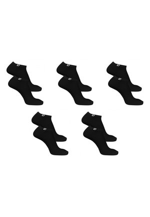 Cinq paires de socquettes noires avec un petit logo blanc près du bord, disposées en deux rangées sur un fond blanc.