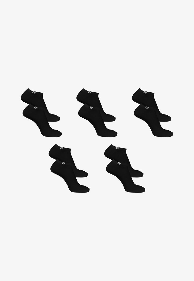 Cinq paires de socquettes noires avec un petit logo blanc près du bord, disposées en deux rangées sur un fond blanc.