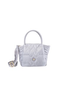 Grå quiltet håndtaske med to h�åndtag og aftagelig rem. Har et rundt logo-patch og materiale, der er blødt og tekstureret.