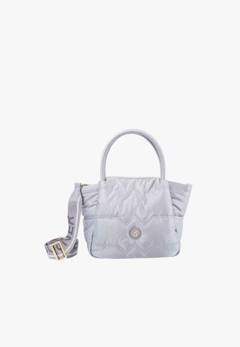 Grijze gewatteerde handtas met dubbele handvatten en afneembare band. Voorzien van een rond logoplaatje en zacht, textuurrijk materiaal.
