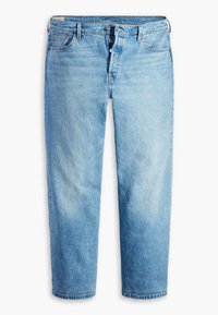 Jeans de mezclilla azul claro con corte recto, que cuentan con un cierre de botones, diseño estándar de cinco bolsillos y un desgaste mínimo.