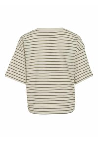 Beżowa koszulka w paski z oliwkowozielonymi liniami. Posiada krótkie, szerokie rękawy oraz okrągły dekolt, wykonana z miękkiego, lekkiego materiału.