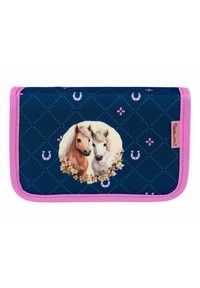 Blue and pink wallet with a quilted pattern. Central illustration of two horses surrounded by flowers, accented with horseshoe motifs.