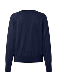 Granatowy, długi sweter dzianinowy z rękawami z ribbów i ściągaczem na dole, pokazany od tyłu.