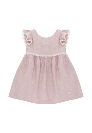 Vestido rosa claro para niño pequeño con mangas con volantes y ribete de encaje, cintura fruncida y pequeño botón decorativo cerca del dobladillo.