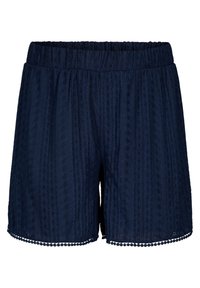 Pantaloni corti blu navy con vita elasticizzata. Il tessuto testurizzato presenta righe verticali e un bordo in pizzo all'orlo.