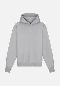 Grauer Kapuzenpullover mit Kordelzugkapuze, gerippten Bündchen und Saum sowie dezentem weißen Textlogo auf der Vorderseite. Weicher Stoff.