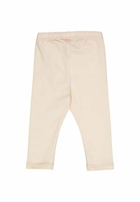 Světle růžové legíny vyrobené z měkké, elastické látky. Mají elastický pas a lemované manžety u kotníků, bez vzorů nebo doplňků.