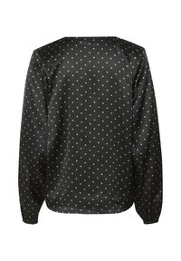 Zwarte blouse met lange mouwen in een reguliere pasvorm, voorzien van witte stippen en elastische manchetten, gemaakt van gladde, lichte stof.