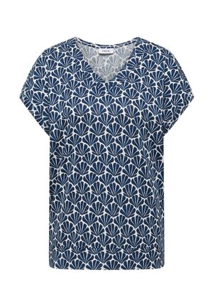 Damesblouse met korte mouwen en V-hals, voorzien van een blauw-wit waaierpatroon en een losse pasvorm.