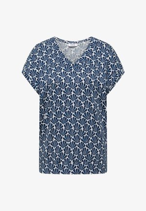 Damesblouse met korte mouwen en V-hals, voorzien van een blauw-wit waaierpatroon en een losse pasvorm.