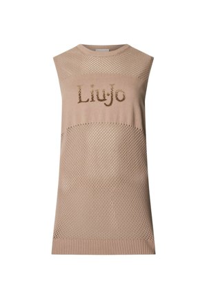 Top beige sin mangas de punto con patrón de malla y logo "Liu Jo" en pequeños tachuelas doradas en el pecho, con cuello y dobladillo acanalados.