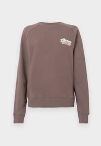 Hnedá mikina s okrúhlym výstrihom a dlhými rukávmi, s bielym logom "ellesse Perugia Italia Est 1959" na ľavej hrudi.