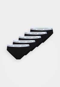 Fünf Paare schwarze Unterhosen mit einem weißen elastischen Bündchen, das das Logo "BJÖRN BORG" zeigt. Glattes Material und klassisches Slip-Design.