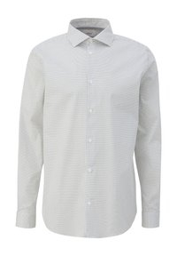 Weißes Langarmshirt mit feinem schwarzen Punktmuster, klassischem Kragen und Knopfverschluss vorne. Glatte Stoffqualität mit strukturiertem Schnitt.