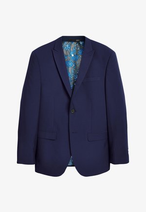Marinblå kavaj i skräddarsydd design med en enda knapp, med ett livligt blått blommönstrat foder. Slät textur.
