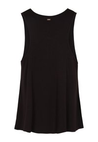 Zwarte mouwloze tanktop met een ronde halslijn, gemaakt van zachte stof, met een ontspannen fit en een subtiele merklabel aan de achterkant.
