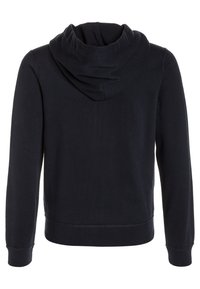 Marineblauwe hoodie met een kraag, lange mouwen, ribgebreide manchetten en onderkant, gemaakt van zachte stof, met een gladde textuur.