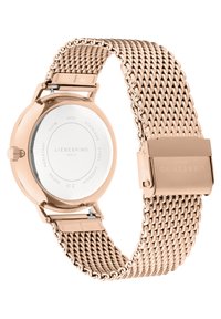 Roze gouden roestvrijstalen horloge met mesh band, ronde kast en veilige sluiting. Achterkant toont merk- en waterdichtheidsdetails.