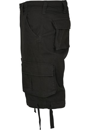 Shorts cargo noirs en tissu durable, dotés de multiples poches, d'une coupe décontractée, de cordons ajustables à l'ourlet et d'une texture lisse.