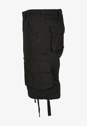 Svarte cargo-shorts laget av slitesterkt stoff, med flere lommer, løs passform, justerbare snorer i kanten og en jevn tekstur.