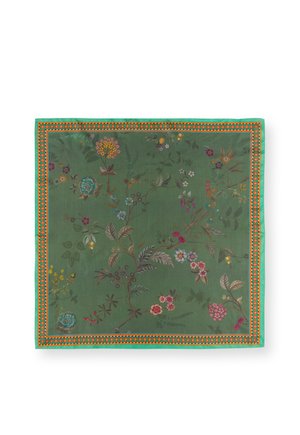 Vierkante groene sjaal met meerkleurige bloemmotieven en een oranje-groene decoratieve rand.