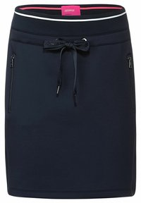Mörkblå idrottskjol med elastisk midja, justerbar dragsko och två sidofickor med dragkedja. Tillverkad av ett mjukt och stretchigt material.
