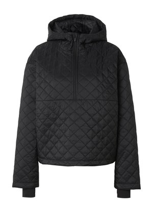 Sort quiltet hættejakke med halv foran lynlås og forlængede manchetter på lange ærmer, designet til koldt vejr.