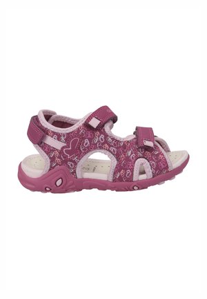 Pink sandal with floral pattern, adjustable straps, open design, rubber sole, and cushioning for comfort. Lightweight and breathable construction.