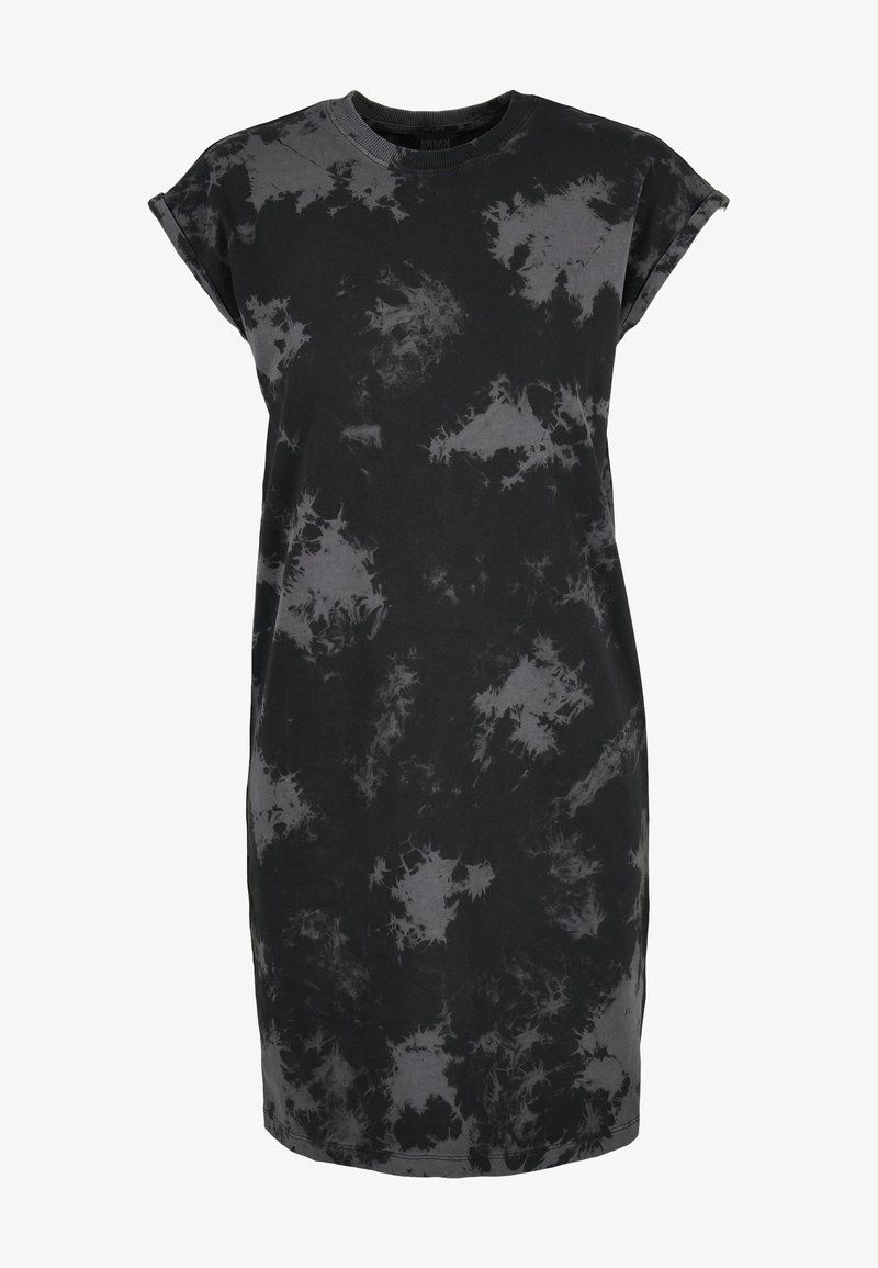 Černé tričkové šaty s tie-dye vzorem v šedé barvě. Mají krátké rukávy a kulatý výstřih, vyrobené z měkké a lehké bavlněné tkaniny.