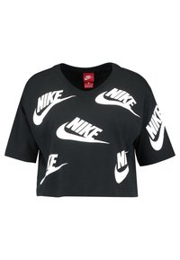 Svart kort t-shirt i bomull med upprepade vita "Nike"-logotyper i olika storlekar. Kortärmad med V-halsdesign.