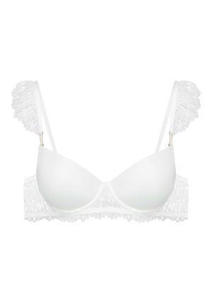 White bra with padded cups, lace accents on the band and straps, and gold-toned hardware. Smooth texture with detailed pattern on lace.