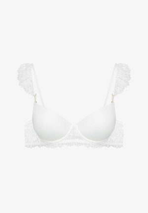 Weißer BH mit gepolsterten Cups, Spitzenakzenten am Unterband und den Trägern sowie Goldakzenten. Glatte Textur mit detailreichem Muster auf der Spitze.
