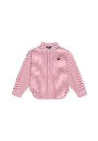 Camisa de botón a rayas rojas y blancas con dobladillo redondeado, mangas largas y un parche con el logo de DKNY en el pecho izquierdo. Material de algodón.
