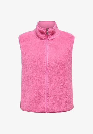 Rozā fliša veste ar augstu apkakli, priekšējo rāvējslēdzēju un teksturētu virsmu. Piedurkņu trūkums nodrošina siltumu un komfortu kā papildslānim.