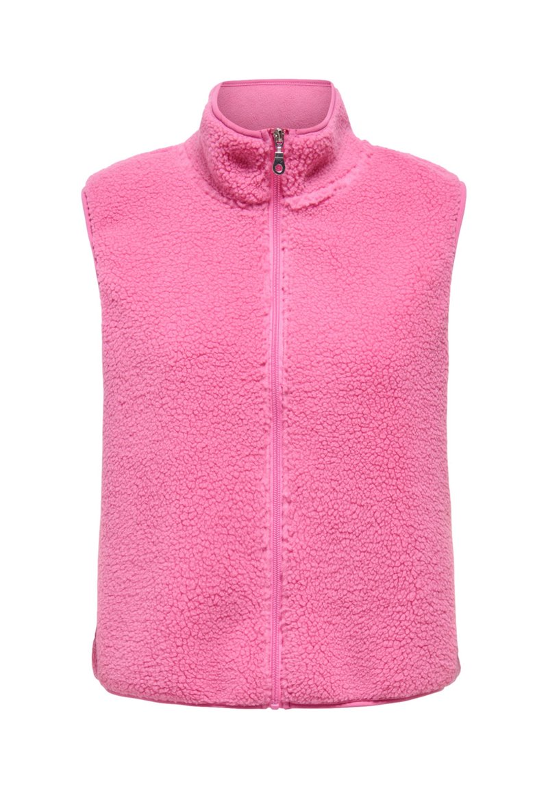 Gilet in pile rosa con collo alto, cerniera frontale e superficie testurizzata. Design senza maniche che offre calore e comfort per stratificare.