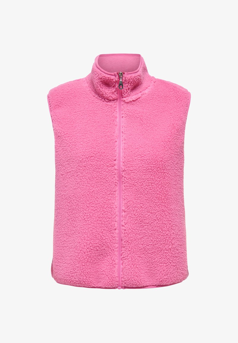 Roosa fliisvest kõrge kraega, ees tõmblukuga ja tekstuurse pinnaga. Varrukateta disain pakub soojust ja mugavust kihiliseks riietumiseks.