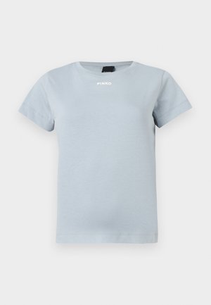 Lichtblauw T-shirt met korte mouwen en ronde hals, met het "PINKO"-logo gecentreerd onder de nek aan de voorkant.