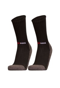 Black socks with ribbed texture, reinforced gray toe and heel accents, featuring a white and red logo along the top band.