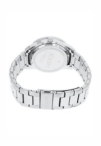 Zilveren roestvrijstalen horloge met een schakelarmband, voorzien van een ronde kast en een gegroefde kroon, met een gepolijste achterkant met branding.