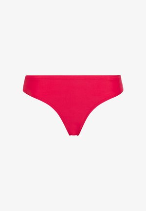 Slip da bagno stile bikini di colore rosso solido con tessuto liscio e vita semplice, mostrati su uno sfondo bianco.