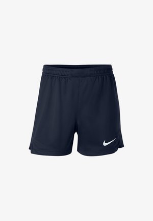 Navy blue athletic shorts made of lightweight fabric, featuring an elastic waistband and a white Nike swoosh logo on the lower left side.